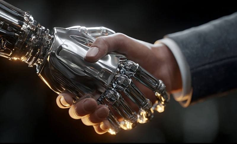 Human and robotic hands shaking to represent E4LA's 2026 AI-supported expansion